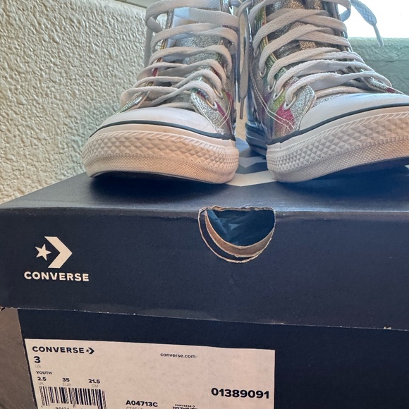 CTAS HI- Converse Girls High Tops, Silver, Aqua, White - Picture 1 of 15